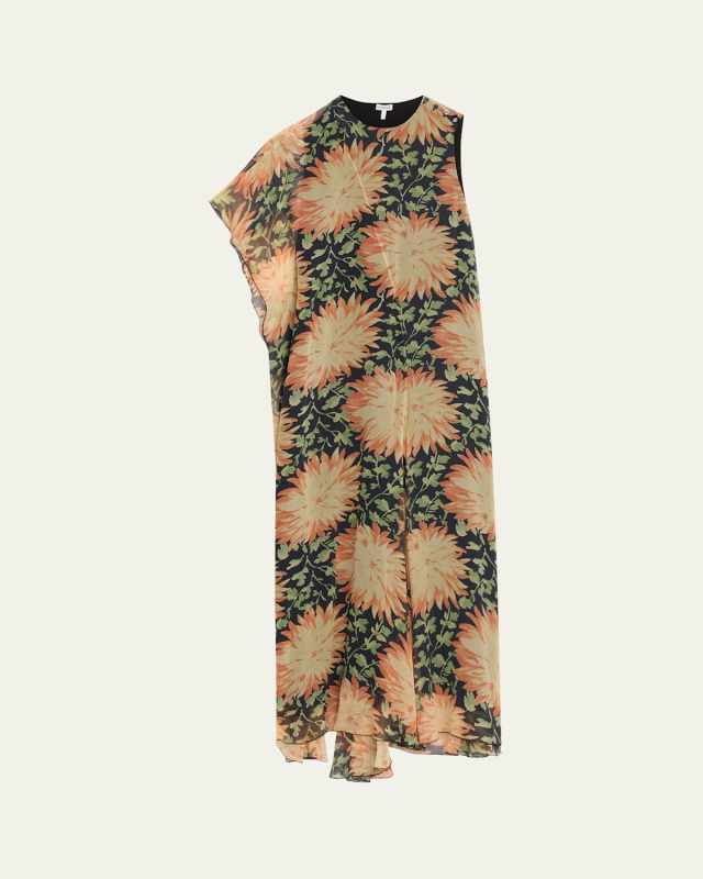 Long Floral Print One-Sleeve Chiffon Silk Dress